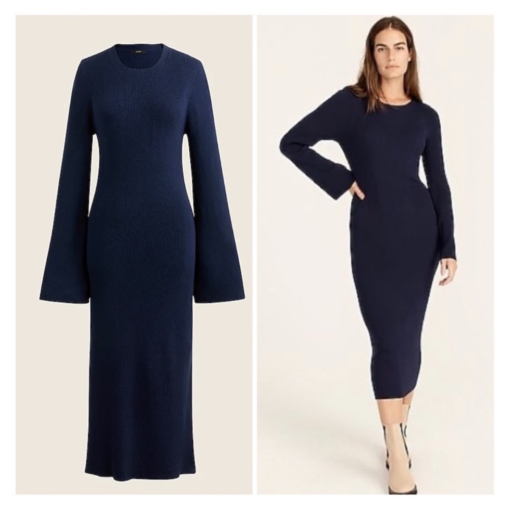 J Crew Knit Ribbed Sweater Dress Bell Sleeve in Navy
